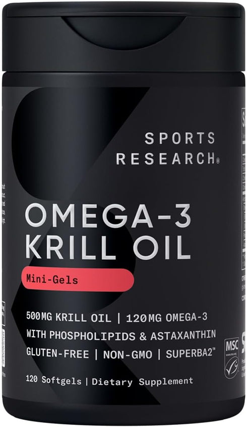 Sports Research Antarctic Krill Oil Omega 3 Mini-Softgels - 500mg with Phospholipids, Choline & Astaxanthin, 120
