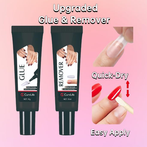 Newly Upgraded Quick Drying 10g Semi Solid Nail Glue with 10ml Remover for Press On Nails Tips No Need for UV Lamp Long Lasting Fake Acrylic Nails Kit Glue Gel