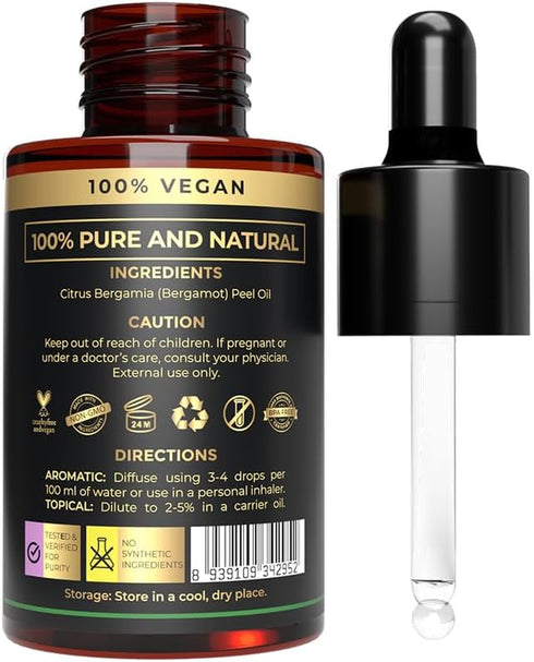 USDA Organic Bergamot Essential Oil for Diffuser | Therapeutic Grade for Aromatherapy | Skin, Hair, Body Massage | Therapeutic Grade Essential Oil with Dropper