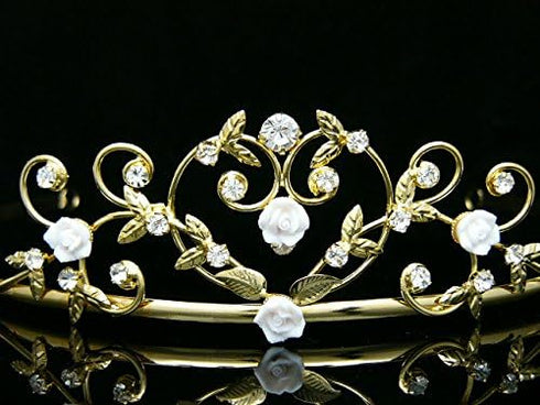 Porcelain Rose Flower Rhinestone Crystal Halloween Costume Tiara