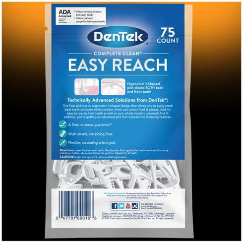 DenTek Complete Clean Easy Reach Floss Picks, No Break & No Shred Floss, 75 Count (Pack of 12)