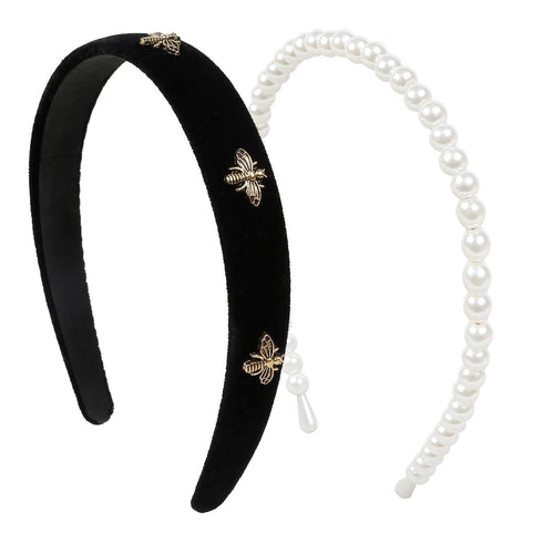 TERSE Black Velvet Headband for Women White Pearl Head Band Cute Designer Headband Fashion Hair Accessories Vintage Women Holiday Headbands Elastic Hair Bands for Women's Hair