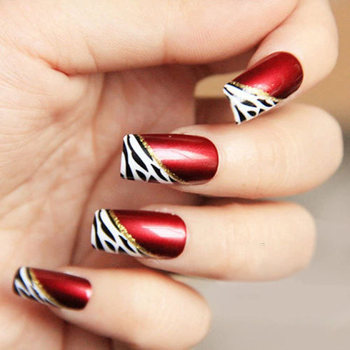 YUNAI 24 PCS Medium Length Full Cover False Nails - French Ellipse Red Wine Oblique Leopard Fake Nails