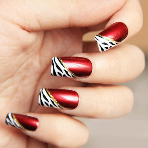 YUNAI 24 PCS Medium Length Full Cover False Nails - French Ellipse Red Wine Oblique Leopard Fake Nails