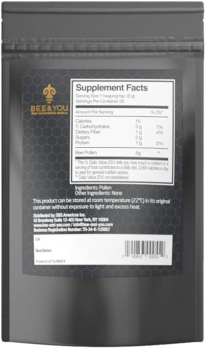 Bee and You Natural Raw Bee Pollen Granules, Superfood Supplement, Amino Acids, Gluten Free, 5 Oz Bag