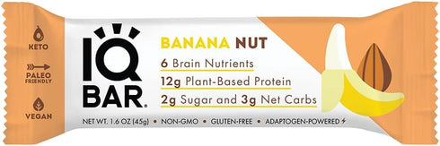 IQBAR Brain and Body Keto Protein Bar - Banana Nut, Low Carb, High Fiber Vegan Snack, Meal Replacement Bar