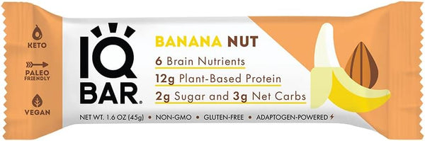 IQBAR Brain and Body Keto Protein Bar - Banana Nut, Low Carb, High Fiber Vegan Snack, Meal Replacement Bar