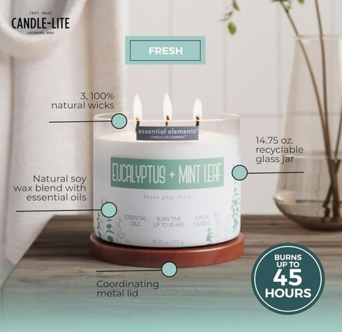 Essential Elements by Candle-lite Eucalyptus & Mint Leaf Scented Candle, 14.75 oz, 45 Hours Burn Time