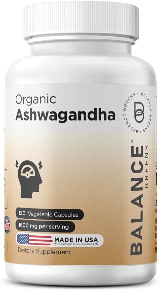 Certified Organic Ashwagandha 1600mg, 120 Veg Capsules, Supports Sleep & Balanced Energy Levels, 120 Count