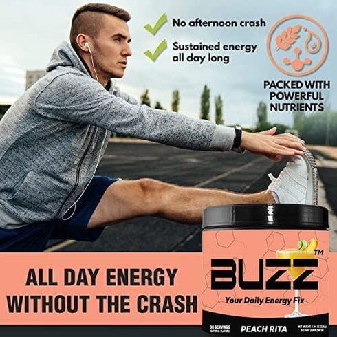 Morning Buzz Energy Drink Powder - Sugar-Free Energy Boost Drink Mix - 30 Servings, Peach Rita