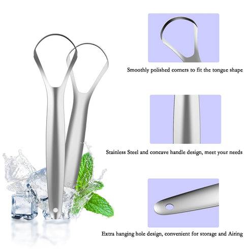 Metal Tongue Scrapers, 3 Piece Set, 304 Stainless Steel with Storage Case - Oral Hygiene Metal Tongue Cleaners (Silver)