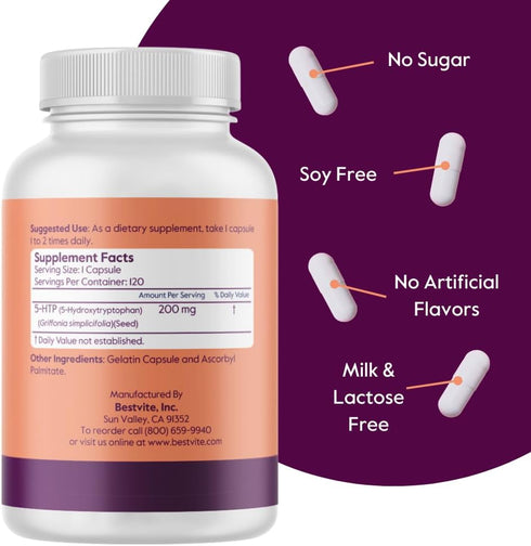 BESTVITE 5-HTP, 200mg per Capsule, 120 Capsules, No Stearates, Gluten Free, Non GMO
