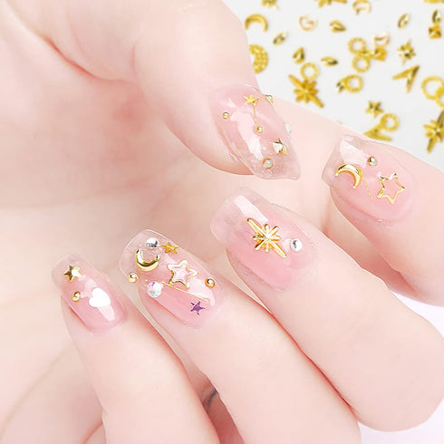 HNUIX Gold Nail Charms, 3D Star, Moon, Ring, Metal Small Shape Studs Gem, 3 Boxes for Manicure Decor