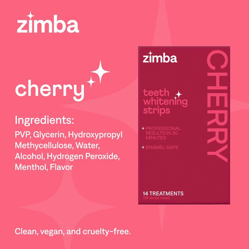 New Zimba Cherry Flavored Teeth Whitening Strips, Vegan, Enamel Safe, 14 Day Treatment