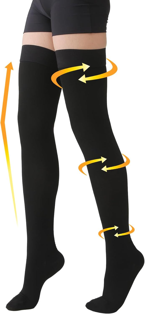 MGANG Medical Compression Stockings 20-30 mmHg for Women & Men, Thigh High Graduated Support Socks, Black, Pair