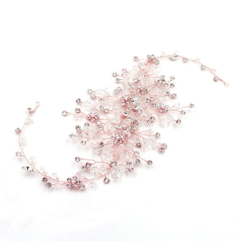 Kercisbeauty Handmade Bridal Rhinestones Flower Side Headband, Spring Headpiece Hair Vine Accessories, Rose Gold