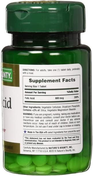 Nature's Bounty Folic Acid 800 mcg Vitamin Supplement, Maximum Strength - 250 Tablets, Pack of 2