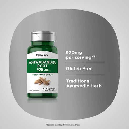 Piping Rock Ashwagandha Supplement 920 mg 120 Capsules | Root Extract | Non-GMO, Gluten Free