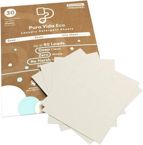 Laundry Detergent Sheets, 30 Sheets, Unscented, Ideal for Travel, Baby Clothes, Compact, Eco-Friendly Solution