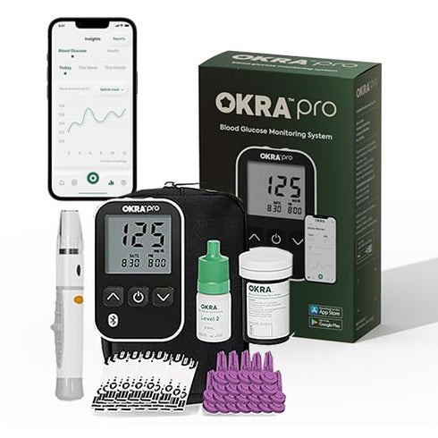 Okra Pro Glucose Monitor Kit - Syncs with Free App, Includes Meter, Test Strips, Lancets, Lancing Device, Carry Case