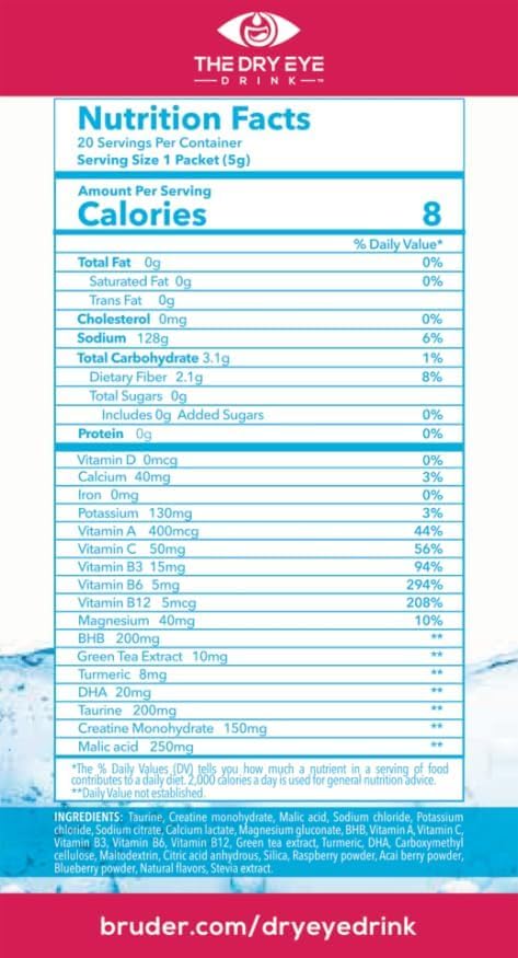 Ultimate Hydration for Dry Eyes - Sugar-Free Electrolyte Powder Packets with Vitamins, Green Tea, and DHA (20 Packets)