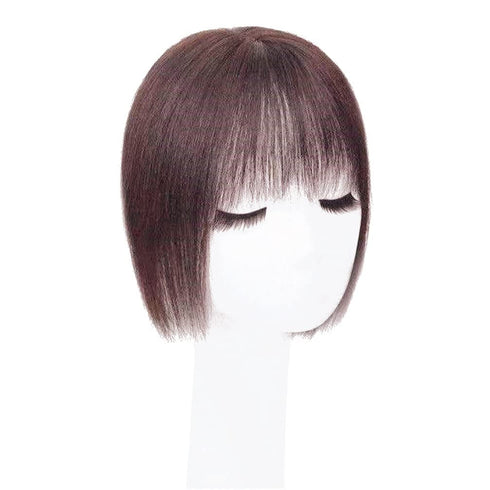 Middle Part Silk Base Human Hair Topper - 7x10cm Clip in Hairpiece with Wispy Fringe, Dark Reddish Brown