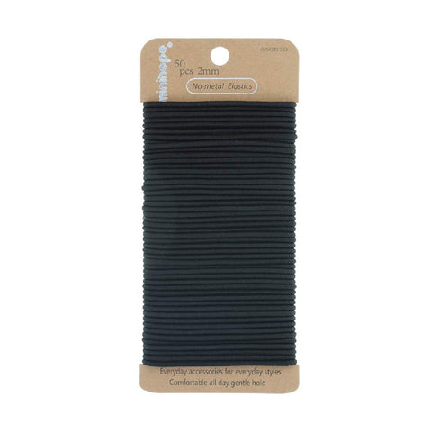 Minihope No-Metal Girls Elastic Hair Ties, Women's Black Elastics, 50 Count, 2mm Hair Elastics