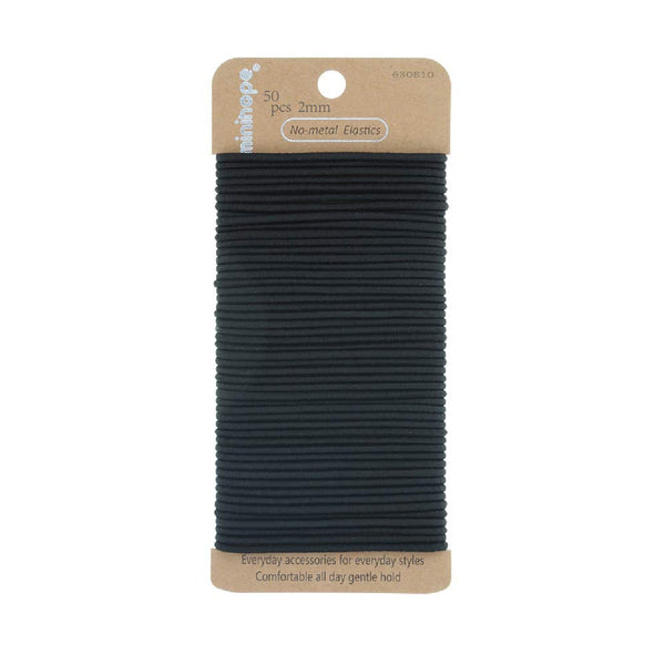Minihope No-Metal Girls Elastic Hair Ties, Women's Black Elastics, 50 Count, 2mm Hair Elastics