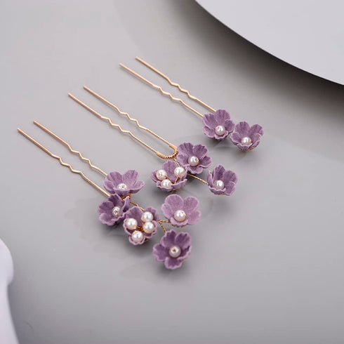 Rhinestone Flower Hair Pieces, Bridal Purple Flower Hairpins Hair Comb Set for Bride and Bridesmaid (4pcs)