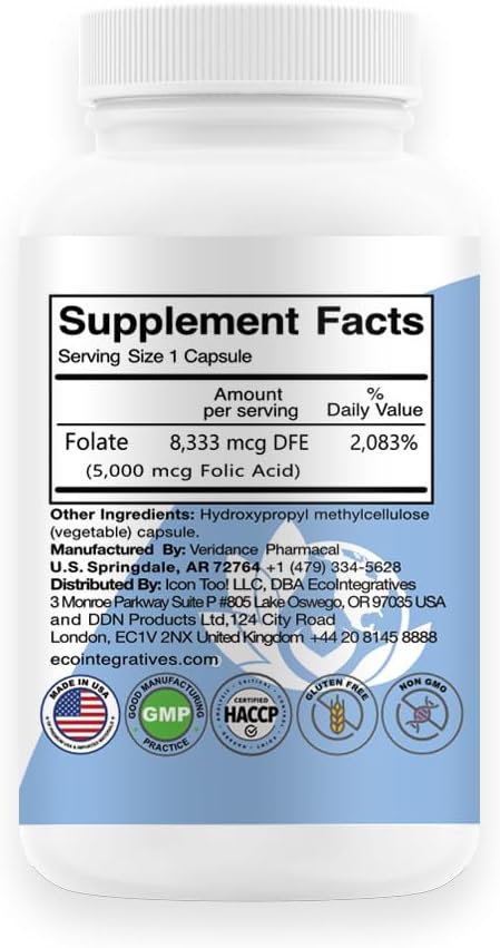 Folic Acid Folate 5mg (B9) Prenatal, Non-GMO Vegan Capsules for Reproductive Health and Immune Support