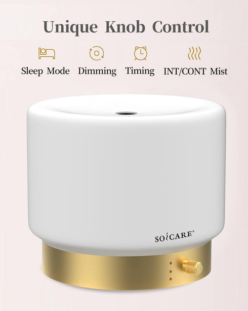 Humidifier,Dimmable (280ML) Glass Diffuser with Luxury Alloy Base(Gold), All-in-one Room Decor Aromatherapy Oil
