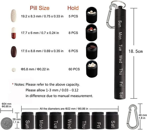 Tvoip 7 Portable Pill Case Keychain Waterproof Days Pill Holder Travel Pill Container Portable Medicine Keychain Daily