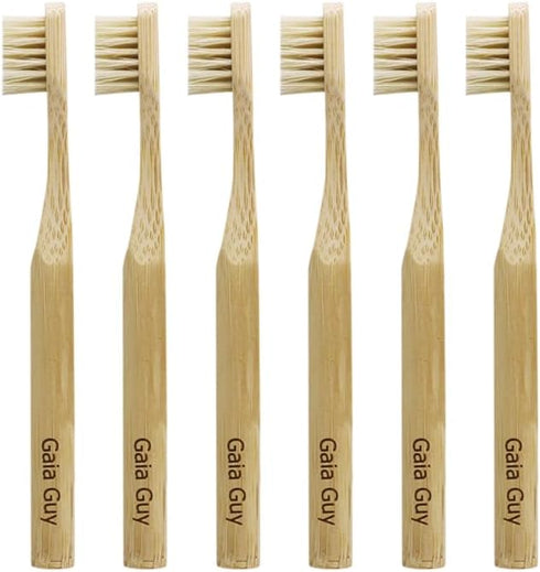 Gaia Guy Natural Bristle Bamboo Toothbrush for Kids, Compostable & Biodegradable, 6-Pack