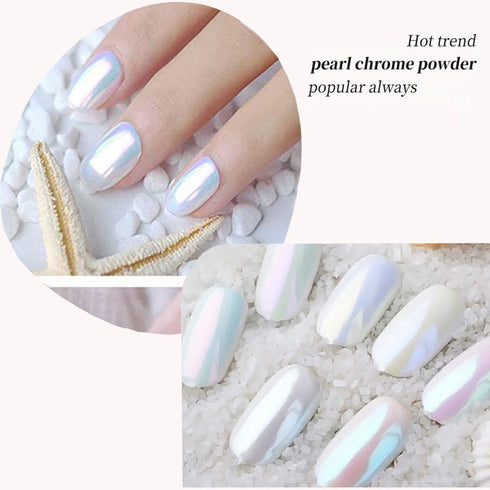 Pretty Diva 7 Colors Pearl Chrome Powder Set - Magic White Pearl Chrome Powder for Nails, Iridescent Metallic Pigment