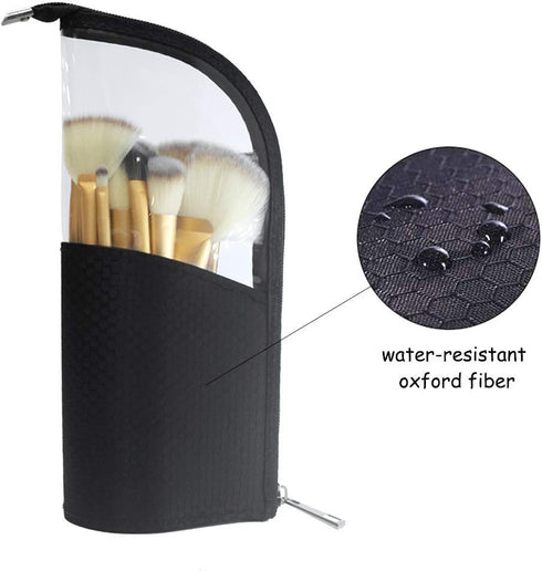 ANEMEL Black Travel Makeup Brush Holder 2-Pack, Clear Plastic Cosmetic Zipper Pouch, Portable Waterproof Organizer