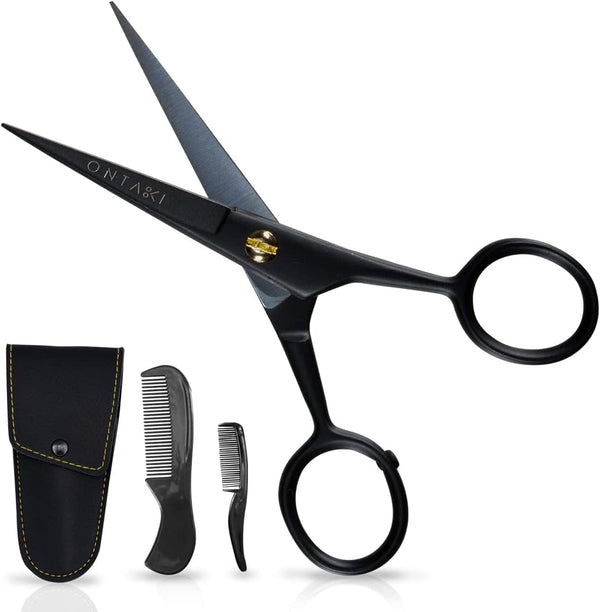 Ontaki 5" Professional German Beard & Mustache Scissors with 2 Comb & Carrying Pouch - Black Facial Hair Grooming Kit