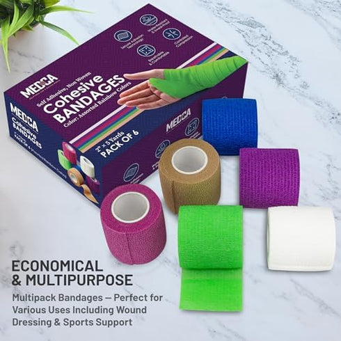 MEDca Self Adherent Cohesive Wrap Bandages, 2 Inches X 5 Yards, 6 Count (Rainbow Color)