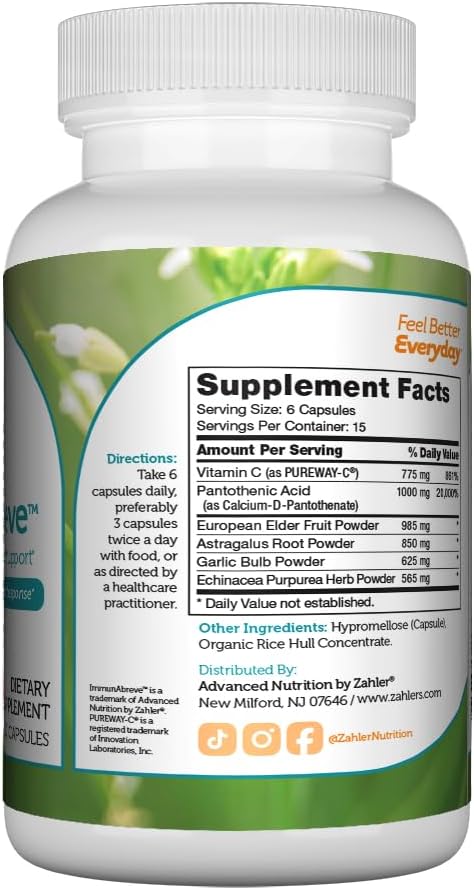 Zahler ImmunAbreve, Powerful Immune System Support, Vitamin C, Echinacea, Certified Kosher, 90 Capsules