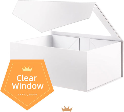 PACKQUEEN White Gift Box with Window, 9x6.5x3.8 Inches, Clear Gift Box with Ribbon and Card