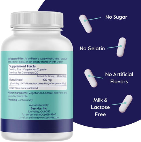 BESTVITE Nattokinase 100mg (2000 FU) (120 Vegetarian Capsules) - No Stearates - Vegan - Non GMO - Gluten Free