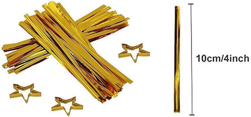 JHere 100 Pack 100Pcs 5.1'' 8.2'' 1.5'' Gold Polka Dot Candy Bags with Gold Metallic Twist Ties, Clear Plastic Treat