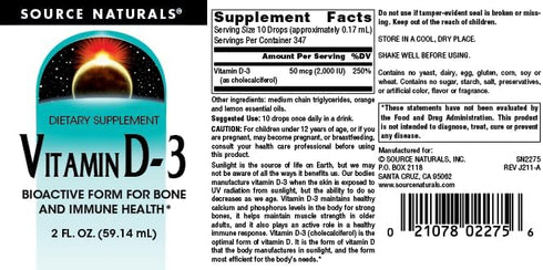 Source Naturals Vitamin D-3 Liquid Drops 2000 iu - 2 Fluid oz Supports Bone & Immune Health*