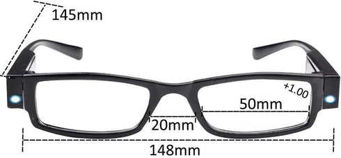 Reading Glasses with Bright LED Light - Compact Full Frame Eyewear, Unisex, Clear Vision, +2.0