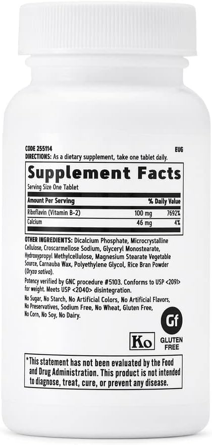 GNC Vitamin B-2 100mg, 100 Tablets, Metabolizes Fats, Carbohydrates and Proteins