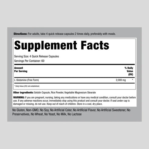 Piping Rock L Glutamine Capsules, 2000 mg, 240 Count, Non-GMO, Gluten Free Amino Acid Supplement