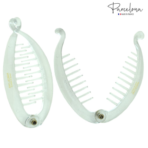 Parcelona French Effortless Mini Clear Clips, Pack of 2 Celluloid Clips for Thick Hair Ponytail Holder for Women