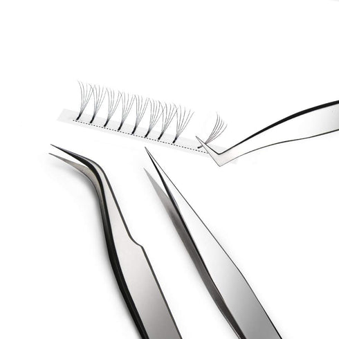 Quewel Eyelash Extension Tweezers Set, Curved and Straight Stainless Steel Applicator Tool, 3 Pcs (Silver, Mirrored)