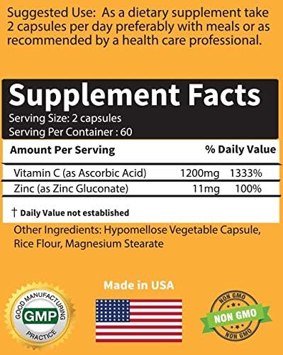 High Dose Extra Strength Vitamin C + Zinc Complex - 1200mg for Immune Support, 120 Veggie Capsules