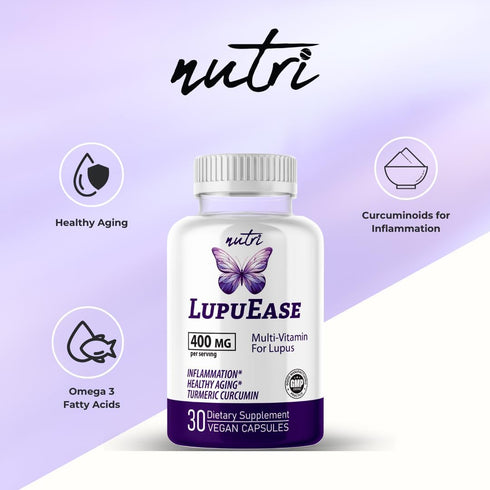 LupuEase Lupus Relief Products Multivitamin, Vitamin C, D3, E, B12, Turmeric Curcumin Extract - 30 Day Supply - 400mg