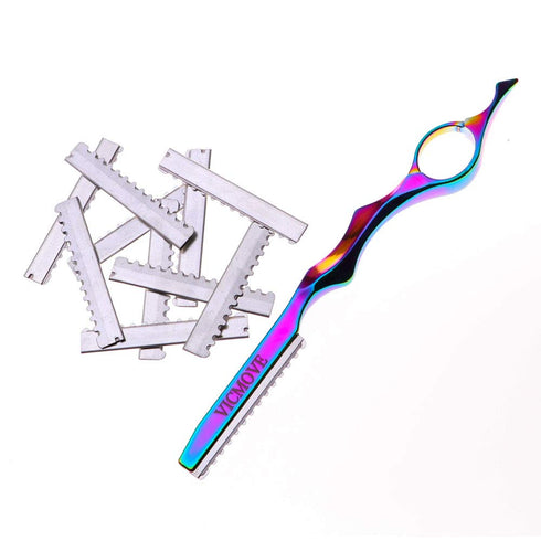 Professional Hair Styling Feather Razor + 10 Replacement Blades, Stainless Steel, Rainbow Color